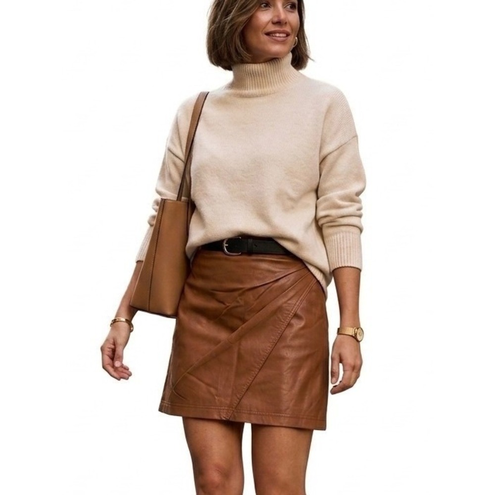 Free People Womens Earthy Brown 
Faux Leather pleated Mini Skirt A-Line
Boho 10